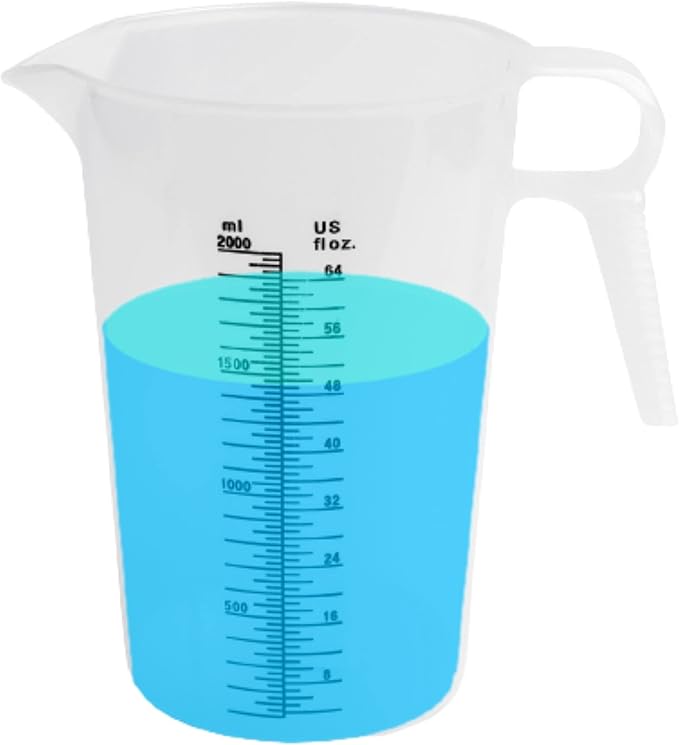 64oz (1/2 gallon) Measuring Pitcher, Plastic, Multipurpose - Great for Oil, Chemicals, Pool and Lawn - Ounce (oz) and Milliliter (mL) Increments (2000 mL)