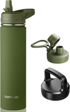 24oz Insulated Water Bottle with Straw, Stainless Steel Metal Vacuum Water Flask, Large Thermal Water bottle with Leakproof 3 Lids for Travel, Camping, Gym Sports Armygreen
