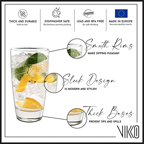 Vikko 16.4 Ounce Water Tumblers | Large All Purpose Drinking Glasses – Thick and Durable Construction – Beautiful Design – Heavy Base – Dishwasher Safe– Set of Six Tall Glass Tumblers