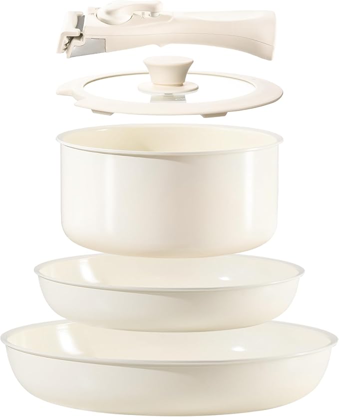 Chef Power Ceramic Nonstick Cookware Set 5 Piece with Detachable Handle, Induction Dishwasher Oven Safe Pans and Pots Set, RV Kicthen Set Removable Handle, Cream White