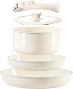 Chef Power Ceramic Nonstick Cookware Set 5 Piece with Detachable Handle, Induction Dishwasher Oven Safe Pans and Pots Set, RV Kicthen Set Removable Handle, Cream White