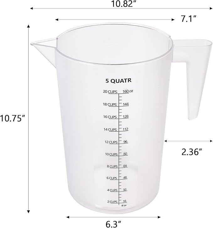 Food-Grade Plastic Measuring Pitcher – 160 Ounce & 20 Cups Measuring Cups with Handle for Liquid, Motor Oil, Pool & Lawn Chemicals, Dilution, Soap Mixing, Brewing, Commercial & Kitchen Use(5000ml)