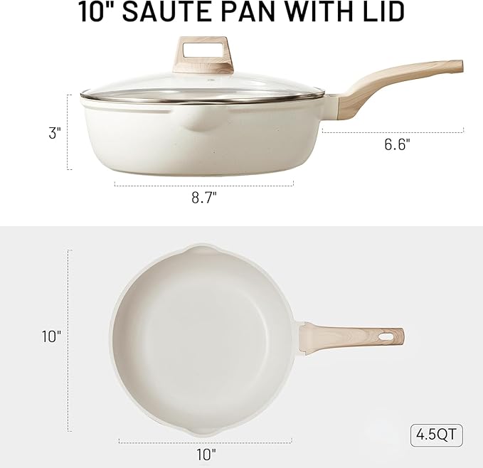 CAROTE 10Inch Nonstick Deep Frying Pan with Lid, 4.5Qt Jumbo Cooker Saute Pan with Pour Spout, Skillet Induction Cookware, Non Stick Cooking Pan Kitchen Pan PFOA Free, White Granite