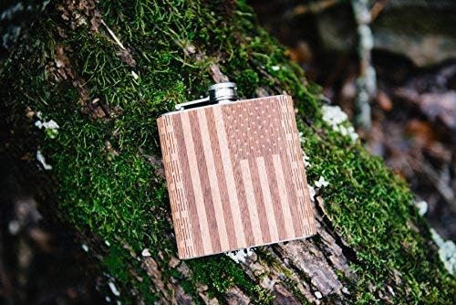 WUDN 6 oz. Wooden Hip Flask - Stainless Steel Body, Real American Flag