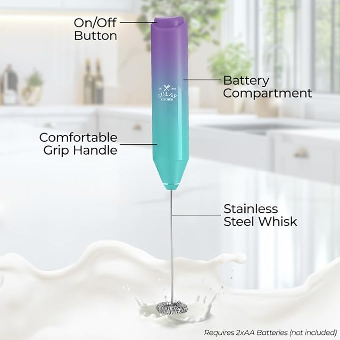 Zulay Kitchen Powerful Milk Frother Wand - Mini Handheld Stainless Steel - Battery Operated Drink Mixer for Coffee, Lattes, Cappuccino, Matcha - Froth Mate Gift - Aurora