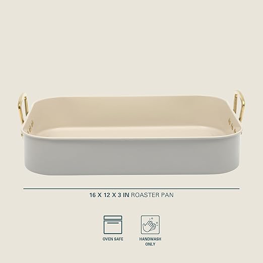 Gibson Home Broxton 2-Piece Nonstick Roaster Pan with Rack – 16 x 12 Inch Taupe Turkey Roasting Pan with Cast Aluminum Gold Handles – Oven-Safe, Easy-Clean, Holiday Cookware