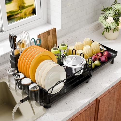 Simple Trending Extendable Dish Drying Rack, Multifunctional Dish Drainers for Kitchen Counter, Dish Strainer with Cutlery & Cup & Utensil Holder, Black