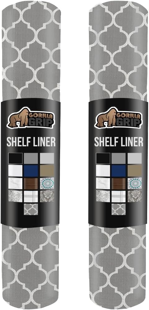 GORILLA GRIP Slip Resistant Drawer and Shelf Liner 2 Pack, Non Adhesive Water Resistant, Easy Clean and Trim, Smooth Surface Liners for Kitchen Cabinet Shelves Drawers Pantry 12 IN x 20 FT, White Gray