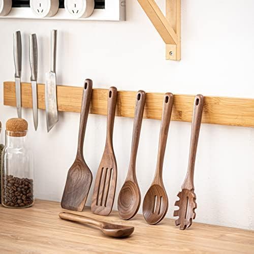 Gudamaye 12 inch Black walnut Wooden spoons for cooking, 6 PCES Long Handel Wooden Spoons, Natural Black walnut Wooden utensil for cooking, Wooden Kitchen Utensil set