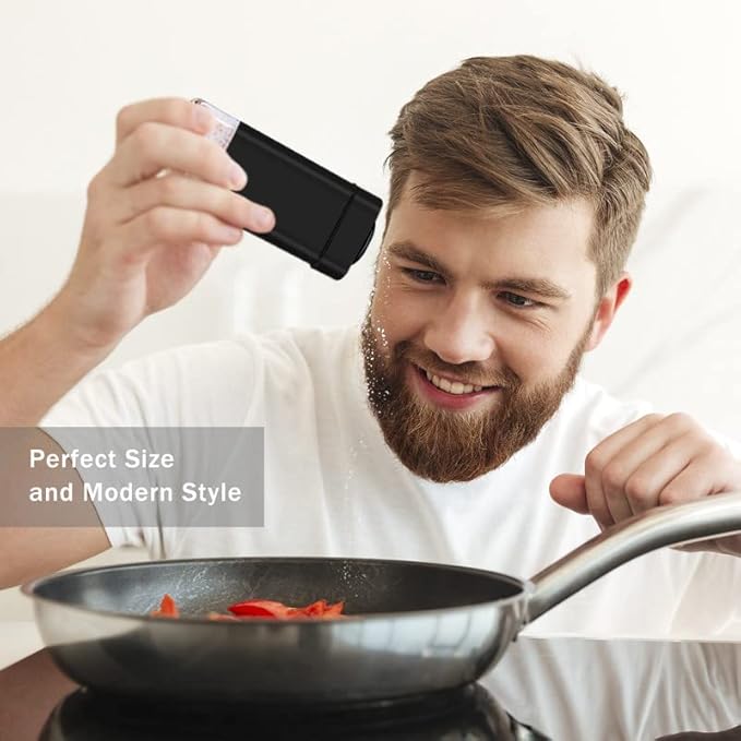 Black Salt and Pepper Shakers by Aelga, Glass Salt Shaker Set with Adjustable Pour Holes, Ideal for Black Pepper, Kosher and Himalayan