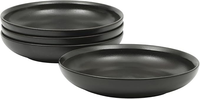 Gibson Elite Beckett 4-Piece 9 Inch Dinner Plate Bowl Set – Reactive Glaze Stoneware – Shallow Pasta Bowls – Round Wide-Rim Design – Microwave & Dishwasher Safe - Black