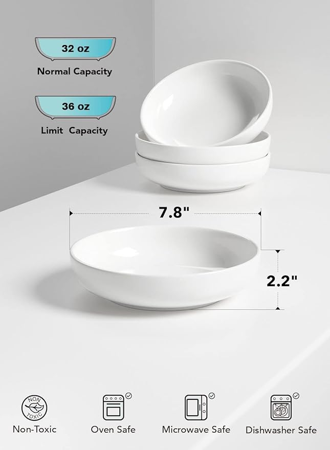 LE TAUCI Pasta Bowls 32 oz, Salad Bowls Set for Serving Soup, Pasta, Noodle, Dinner, Large Kitchen Bowl Plates, Microwave Safe - 7.8 Inch, Set of 4, White