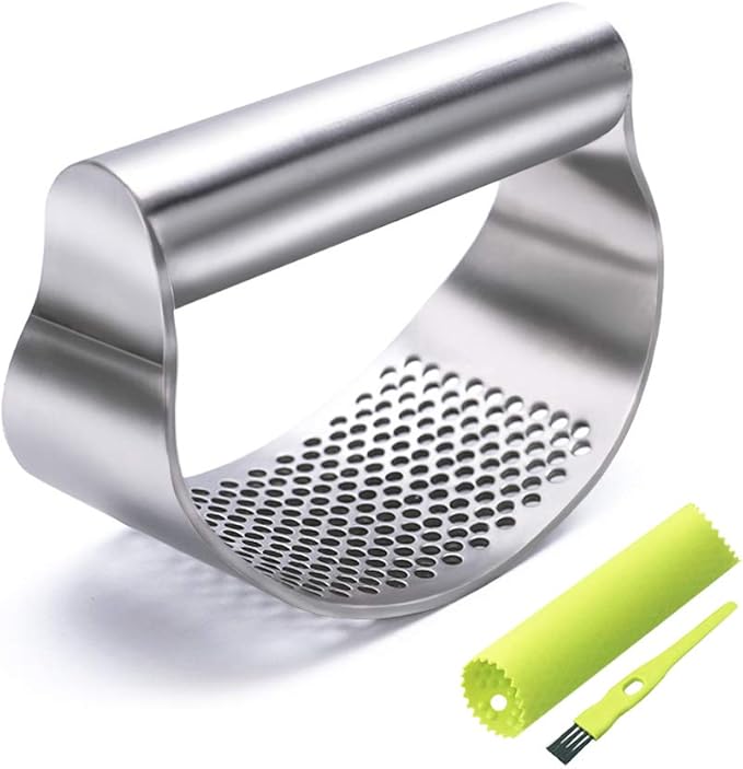 GuDoQi Garlic Press Rocker, Stainless Steel Garlic Mincer Garlic Crusher, Garlic Chooper with Peeler and Scraper Brush, Garlic Press with Ergonomic Handle, Innovative Kitchen Gadgets