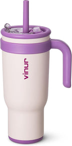 VINUR 40 oz Tumbler with Handle-Stainless Steel Vacuum Insulated Tumbler Cup for Travel, Reusable Coffee Mug with Lid and Straw (Pink)