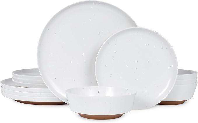 Webbylee 12-Piece Melamine Dinnerware Set - Unbreakable Plates & Bowls Set for 4, BPA-Free Lightweight Kitchen Dishes Idear for Camping, Picnic, Party,White & Brown