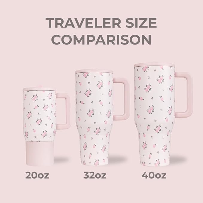 HydroJug Traveler - 40 oz Water Bottle with Handle & Flip Straw - Fits in Cup Holder, Leak Resistant Tumbler-Reusable Insulated Stainless Steel & Rubber Base - Gifts for Women & Men, Wildrose