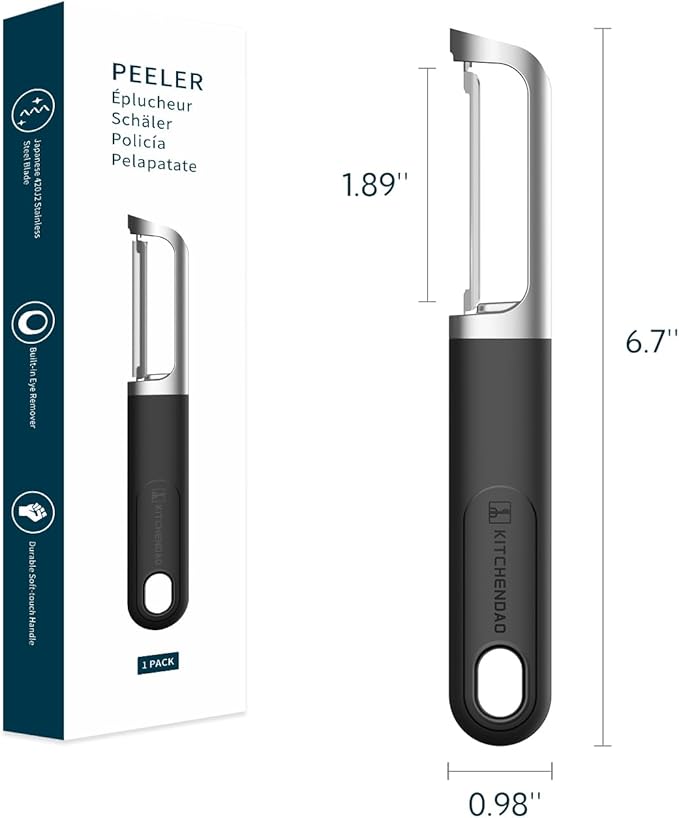 KITCHENDAO Swivel Vegetable Potato Peeler for Kitchen -Durable Japanese 420J2 Stainless Steel Sharp Dual Blade- Built-in Eye Remover, Ergonomic Soft-Touch Handle - Dishwasher Safe-Black