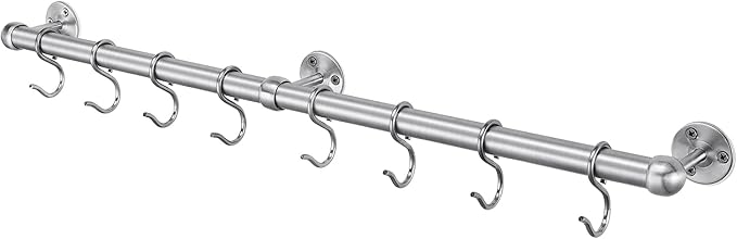 ROTHLEY Stainless Steel Hanging Pot Rack Hanger: 23.7 Inch Pot and Pan Hanger Wall Mounted Hanging Pot Bar Rack Heavy Duty Pot Hangers Kitchen Rail with 8 S Hooks (Brushed)