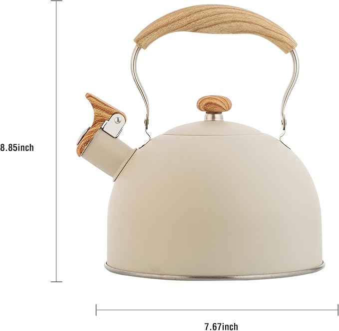 Kawlity Whistling Tea Kettle Tea Pots 2.5L, Stainless Steel Kettle with Wood Pattern Folding Handle, Whistle Kettle for Tea Coffee (Beige)