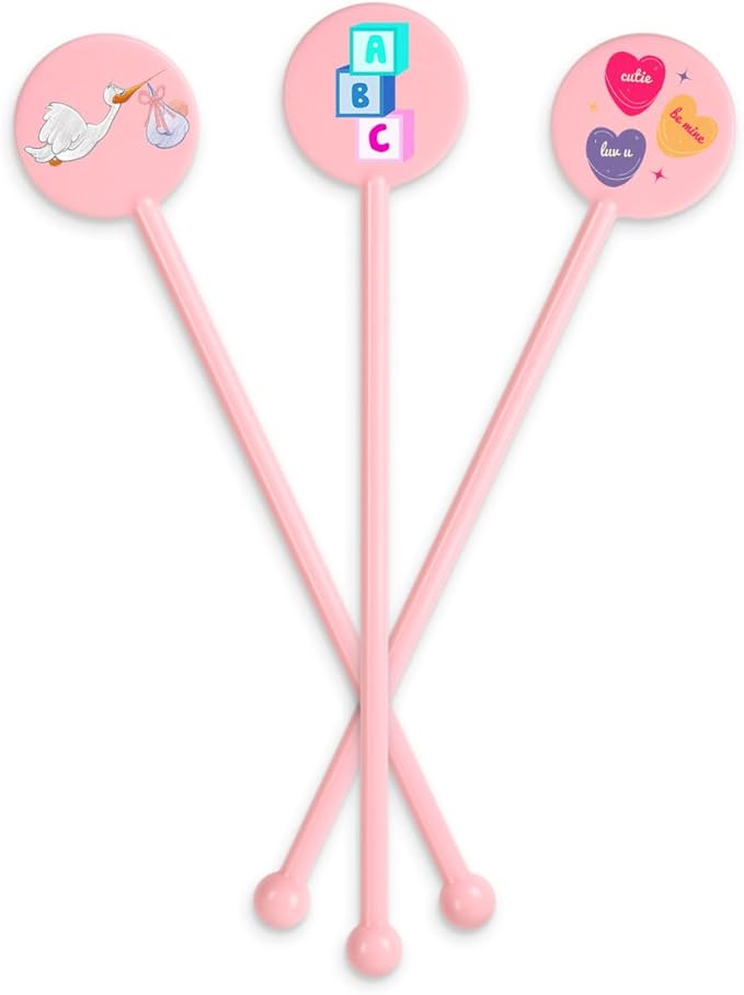 5.5" Custom Light Pink Disc-Top Stirrer – Personalized Drink Stirrers for Baby Showers, Parties, Cocktails, and Events – 50 Pack