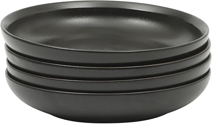 Gibson Elite Beckett 4-Piece 9 Inch Dinner Plate Bowl Set – Reactive Glaze Stoneware – Shallow Pasta Bowls – Round Wide-Rim Design – Microwave & Dishwasher Safe - Black