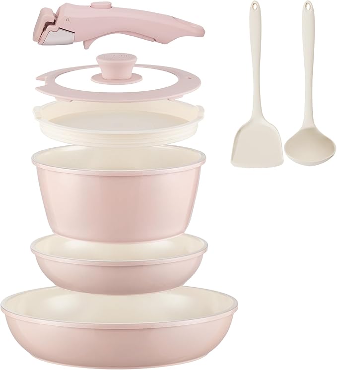 Ceramic Cookware Set Non Stick 8Pcs Pots and Pans Set Detachable Handle Induction Kitchen Cooking Set with Frying Pans Oven Dishwasher Safe, PFAS/PFOA Free, Pink