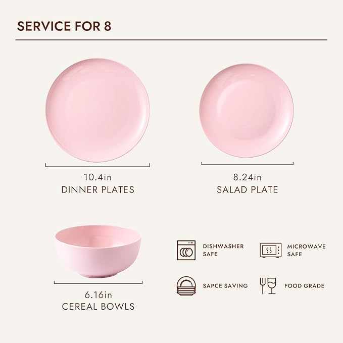 KINGSTONE Bone China Dinnerware Sets, 24-Piece Dinnerware Set for 8, Lightweight Durable, Dishwasher Safe, Tableware for Daily Use with Elegant Design, Pink