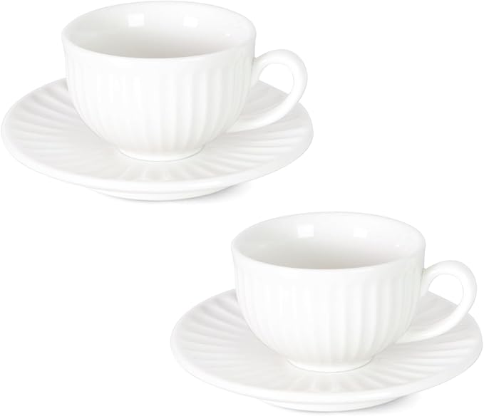 2 oz White Espresso Cups Set of 2, Ceramic Cappuccino Cups with Saucers, Durable Porcelain Tea Set & Modern Coffee Cup Collection, Coffee Lover Gifts
