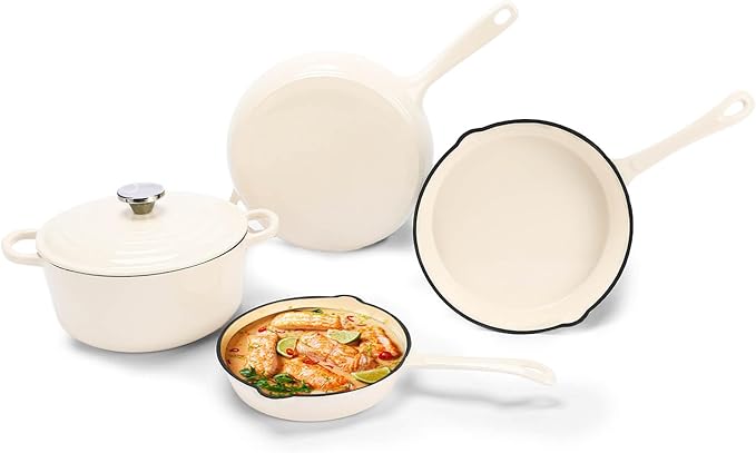 Enameled Cast Iron Cookware Set, 5-Piece Ceramic Coated Pots & Pans with Dutch Oven and Lid, PFAS/PTFE/PFOA-Free, Induction Gas Oven Safe, Cream White Cookware Set