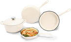 Enameled Cast Iron Cookware Set, 5-Piece Ceramic Coated Pots & Pans with Dutch Oven and Lid, PFAS/PTFE/PFOA-Free, Induction Gas Oven Safe, Cream White Cookware Set