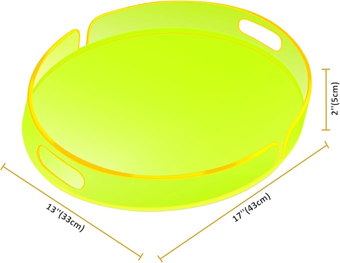 Acrylic Serving Tray with Handles Large Decorative Ottoman Tray 17x13'' Round for Bathroom Food Coffee Fruit Snack Tea Dinner Living Room, Neon Green
