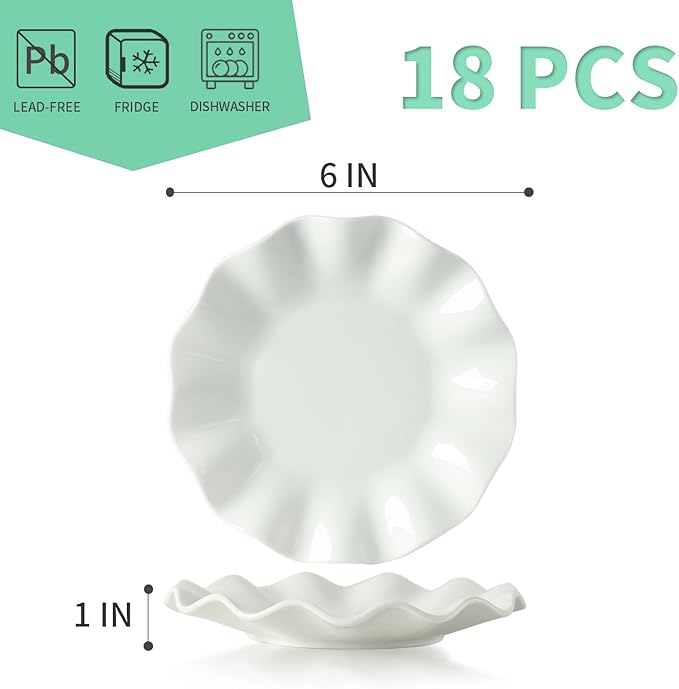 OMAYKEY 6 Inch Ceramic Dessert Plates Set of 18, Small Salad Plates, Porcelain Wave Rim Dinner Plates, Mini Appetizer Plates for Cake Waffles Snacks Side Dish, Oven Microwave Dishwasher Safe, White
