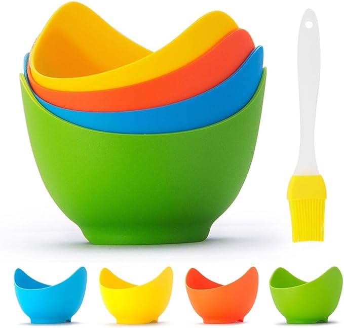 Mikim Silicone Egg Poacher Cups with Ring Standers, Nonstick Egg Poaching Cup for Stovetop Air Fryer Cooking, BPA Free, 4 Pack with Extra Oil Brush