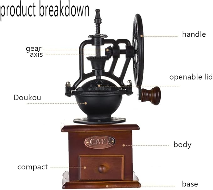 Manual Vintage Style Hand Coffee Grinder, Roller Mill, Cast Iron, Adjustable Grind Thickness