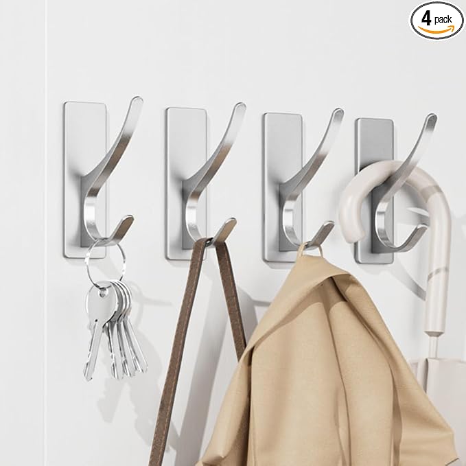 Self-Adhesive Coat Hooks for Hanging - Heavy Duty Stainless Double Wall Hook for Towel, Backpack, Hat, Sturdy Metal Hanger for Bathroom, Bedroom, Door, Wall Mounted, 4-Pack, Silver, New