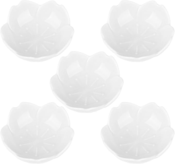 WHJY White Cherry Blossom Dish Set, Cute Pink Ceramic Plates, Sauce/Seasoning Dish, Sushi Dishes, Soy Dipping Bowl, Dessert, Appetizer Plates, Serving Dish for Kitchen Home – Set of 5