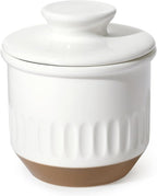 Sweese French Embossed Butter Crock with Lid - Elegant Floral Relief Design & Water Reservoir - White Countertop Butter Keeper
