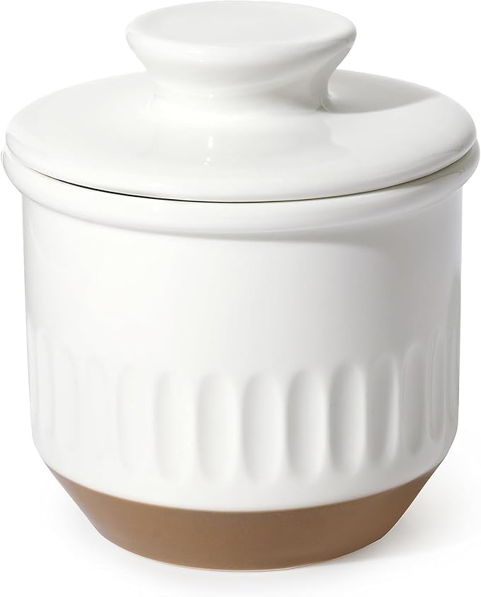 Sweese French Embossed Butter Crock with Lid - Elegant Floral Relief Design & Water Reservoir - White Countertop Butter Keeper