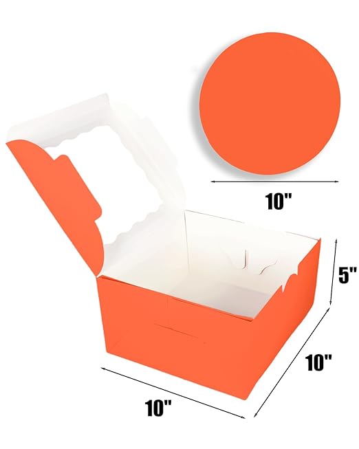 qiqee 10x10x5 Cake Box, 18 Sets Coral Orange Cake Box with Window ＆ 18 Sets 10" Coral Orange Cake Round Boards, 10inch Cake Containers