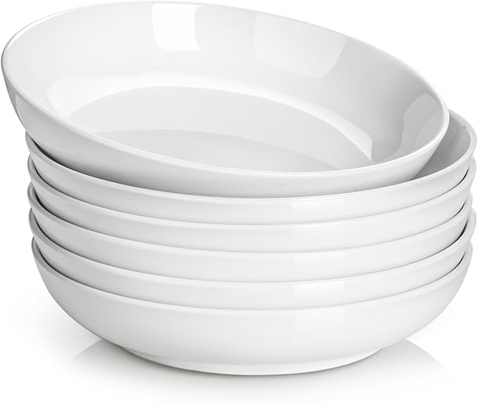 DOWAN 8.5" Pasta Bowls, 32oz Salad Bowls Set of 6, Natural White Ceramic Serving Bowls, Porcelain Plate Bowl Serving Dish Shallow Bowls Set for Kitchen, Microwave Dishwasher Safe