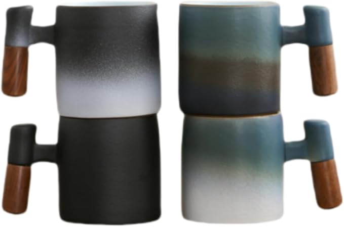 2-Oz Ceramic Espresso Cups with Wood Handle, 2/4-Piece Set for Coffee, Tea, Latte - Dishwasher Safe, Multi-Color & Wood Styles, Gift & Café Use (color4, Wooden Handle4)