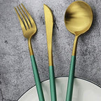 Green Handle Matte Gold Silverware, Gugrida 5-Piece 18/10 Stainless Steel Flatware Set, Kitchen Utensils, Tableware Travel Cutlery for Camping Office Lunch, Satin Finish, Dishwasher Safe