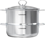 SUNHOUSE 2-Tier Stainless Steel Steamer Pot with Lid - Larger 5.5 QT Steamer & 3.8 QT Stockpot Base - Induction Ready, Compatible with All Cooktops - Multipurpose for Vegetables & Dumplings