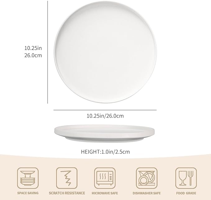 GZG Ceramic Dinner Plates Set of 4,10 Inch Stoneware plate Set,Microwave and Dishwasher Safe Kitchen Utensils,Stackable,Scratch Resistant (Ivory White)