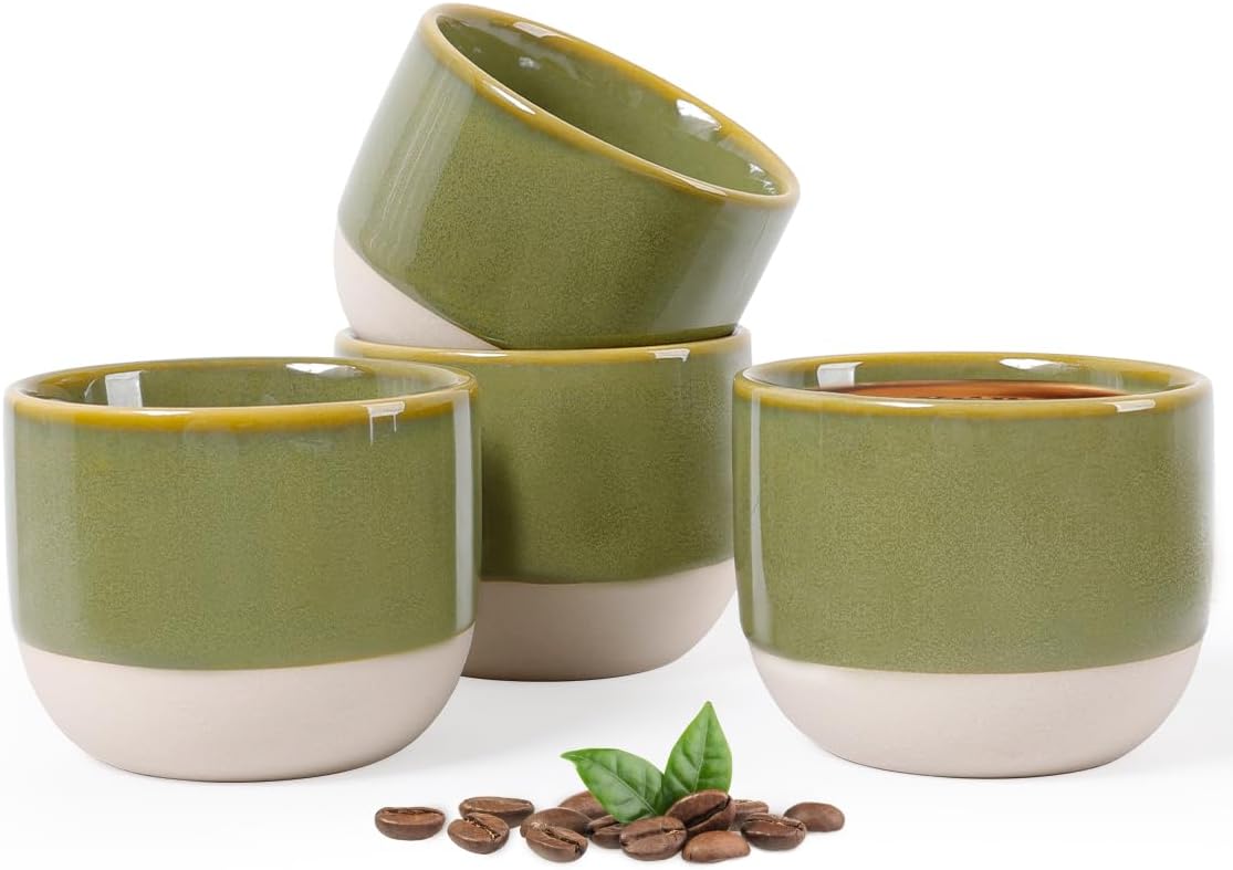 INGOFIN Ceramic Espresso Cup Set of 4-4.2 oz Espresso Cup for Coffee and Tea, Modern Porcelain Glazed Demitasse Cups, Microwave Dishwasher Safe Mugs, Suit for Espresso Machine, Green