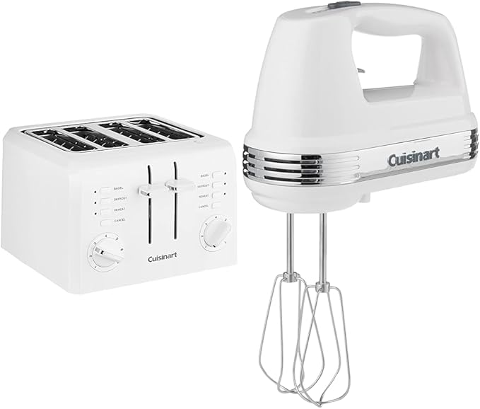 Cuisinart CPT-142P1 4-Slice Compact Plastic Toaster, White & HM-50 Power Advantage 5-Speed Hand Mixer, White