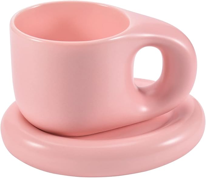 Koythin Ceramic Coffee Chubby Mug Saucer Set, Creative Cute Fat Handle Cup with Saucer for Office and Home, Dishwasher and Microwave Safe, 10 oz for Latte Tea Milk (Pink)