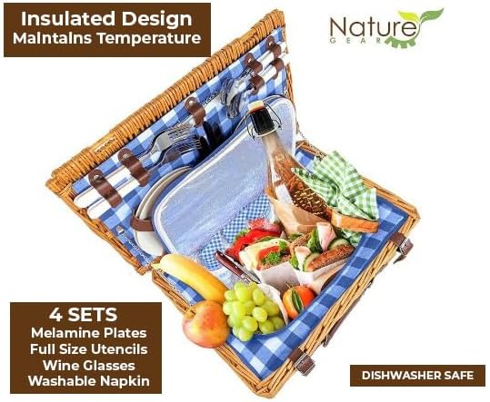 Nature Gear Picnic Basket, Wicker Basket with Handle for Outdoors, Insulated Woven Basket, Includes a Service Kit of Dinnerware & Wine Glasses, Picnic Basket Set for 4 with Blanket, Blue & White