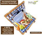 Nature Gear Picnic Basket, Wicker Basket with Handle for Outdoors, Insulated Woven Basket, Includes a Service Kit of Dinnerware & Wine Glasses, Picnic Basket Set for 4 with Blanket, Blue & White