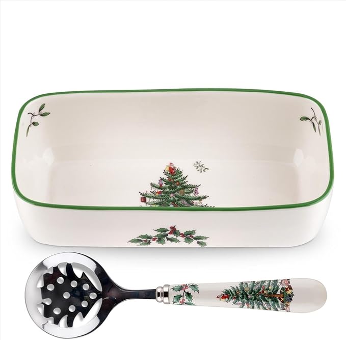Spode Christmas Tree Cranberry Sauce Serving Dish with Slotted Spoon (8"x 4.25") - Rectangular Holiday Server with Holiday Motif - Dishwasher, Microwave, Freezer Safe Serveware for Entertaining